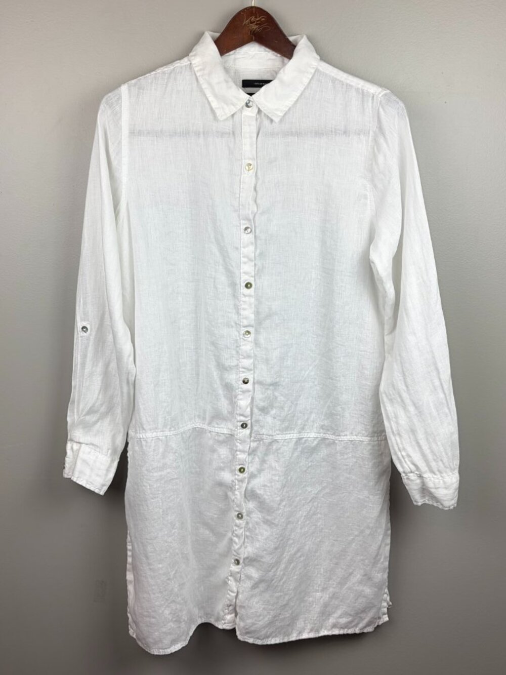 Tahari 100% Linen White Tunic Button Up Roll Tab Sleeve Size Medium Lagonlook